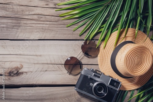 This is a photo of a feminine straw hat and palm fronds witha retro camera and sunglasses  photo