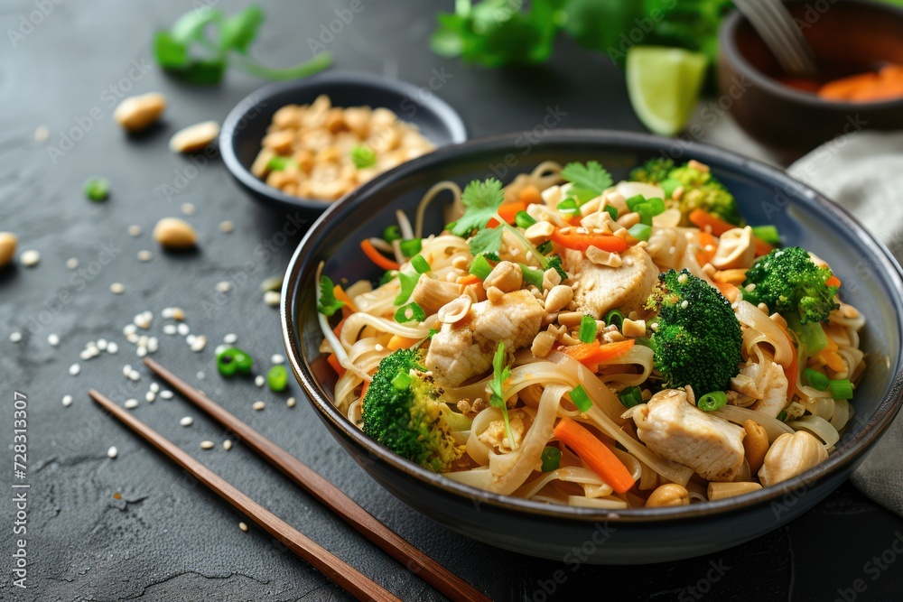 Pad Thai with broccoli, chicken and carrots sprinkled with peanuts on top. There are chopsticks on the side. Pad Thai with broccoli, chicken and carrots sprinkled with peanuts on top. There are chopsticks on the side.