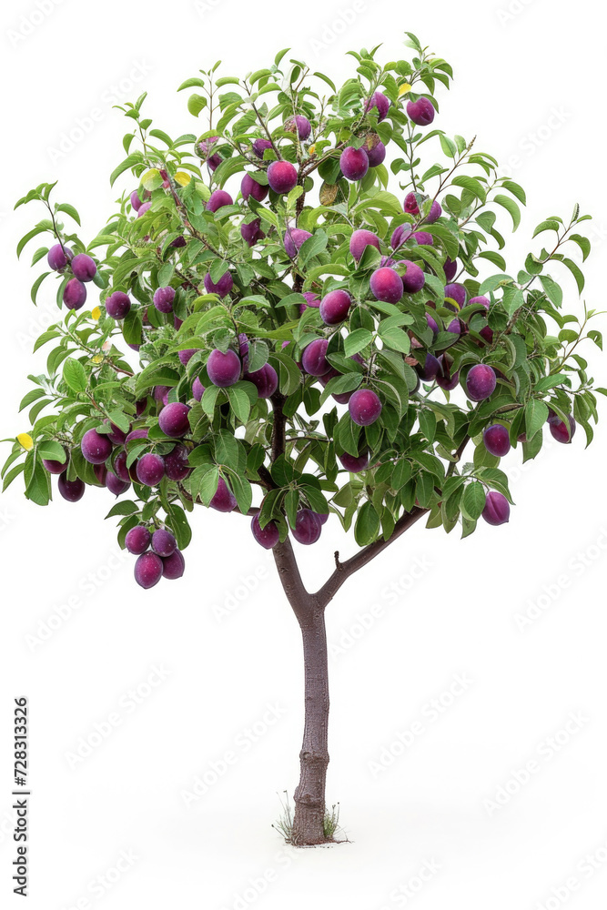 Plum tree with fruits isolated on a white background