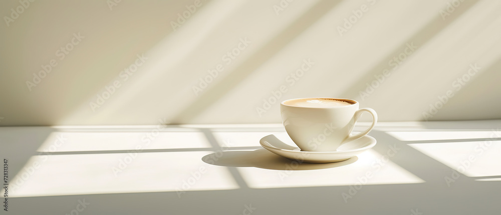 Studio shot, close-up, macro, frothy flat white cup of coffee isolated against modern background with stucco cement interior wall. High-end product shot, before sunset, sunny, clear sky, shadows