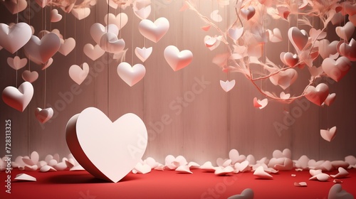 Valentine's Day ambiance featuring intricate white paper hearts and a pristine blank card, capturing the essence of tender moments and heartfelt emotion