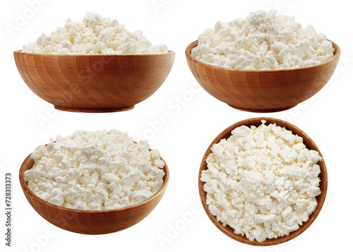 Tableau sur toile Cottage Cheese, Curd in wooden bowl, isolated on white background, full depth of