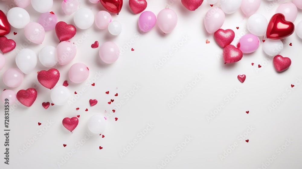 Valentine's Day backdrop featuring delicate white paper hearts and a blank card