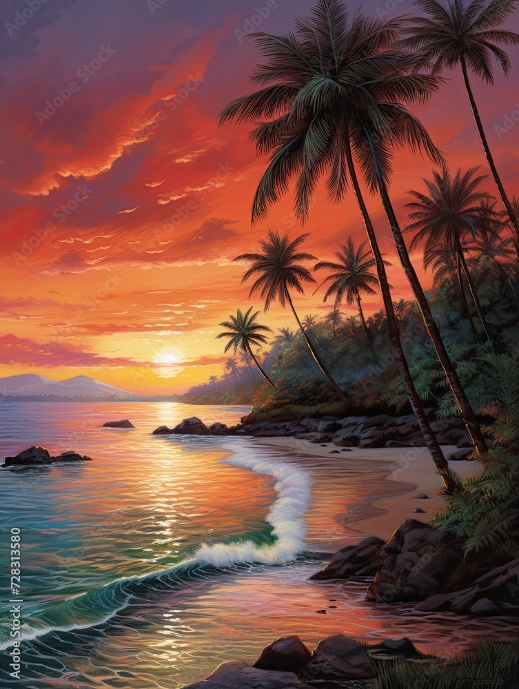 Caribbean Beach Sunsets Seascape Art Print: Calm Caribbean Seas at Nightfall