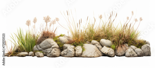 Isolated nature segment with grass and stones on white background