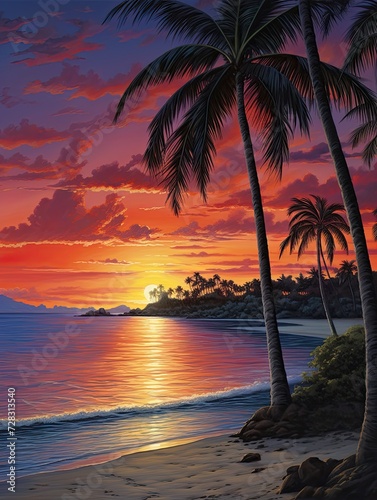 Caribbean Beach Sunsets: Calm Seas at Nightfall Art Print - Captivating Seascapes © Michael