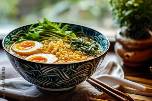 An enticing fusion of fresh greens and savory egg, nestled in a steaming bowl of ramen, ready to be devoured on a cozy indoor table setting