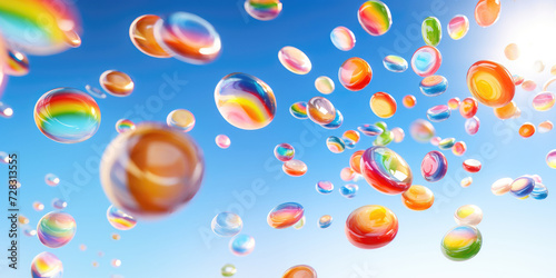 Vibrant soap bubbles floating against blue sky background