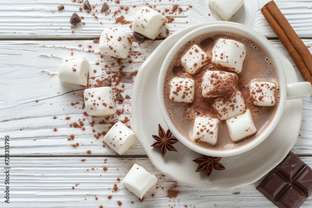 This is a photograph of hot chocolate on a white wood background This is a photograph of hot chocolate on a white wood background