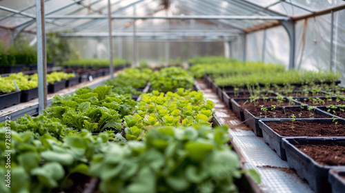 A minimalist greenhouse with a metal frame  clear panels  and rows of neatly arranged plants. 