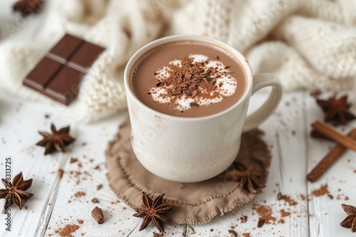 This is a photograph of hot chocolate on a white wood background 