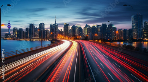The motion blur of a busy urban highway during the evening rush hour. The city skyline serves as the background, illuminated by a sea of headlights and taillights. 