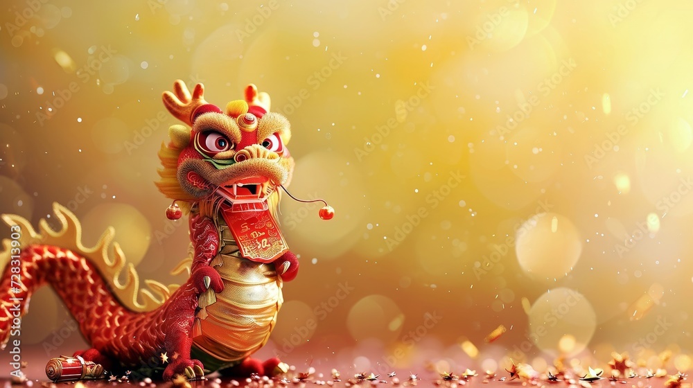 Naklejka premium Un joli dragon tenant un parchemin de félicitations pour la richesse au bas de l'image, avec un arrière-plan simple du Nouvel An chinois