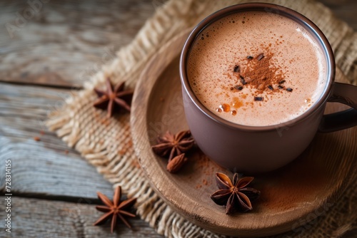 This is a photograph of hot chocolate on a wood background