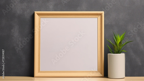 Wooden frame and green plant on desk against textured wall