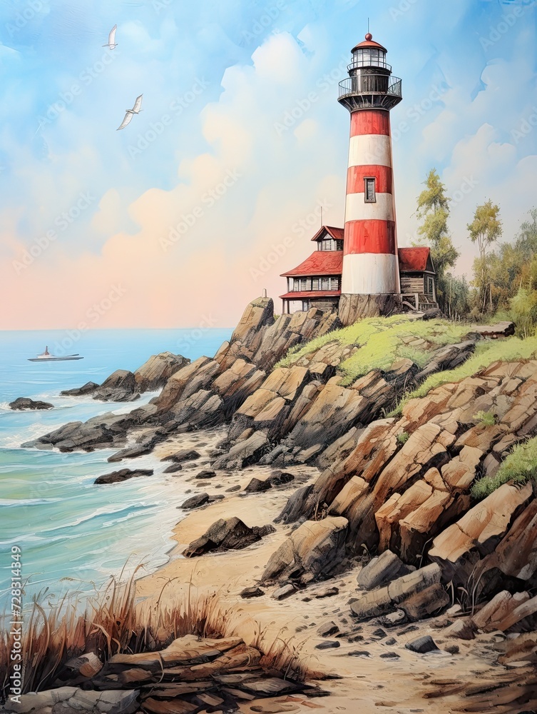 Coastal Lighthouse Views: Beach Painting on Sandy Shores with Captivating Lighthouse View