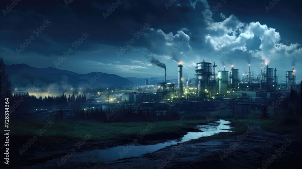 Industrial landscape at night with lit refinery and cloudy sky