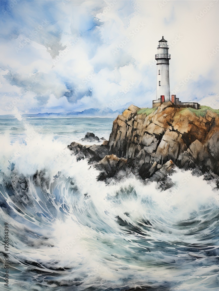Coastal Beacon: Lighthouse Art Print Depicting Waves Crashing on the Coast