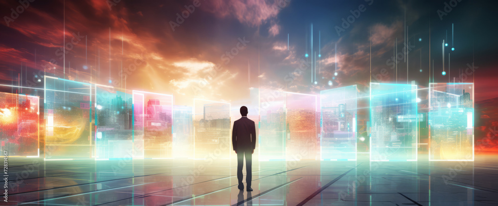 Businessman standing before futuristic digital interface cityscape