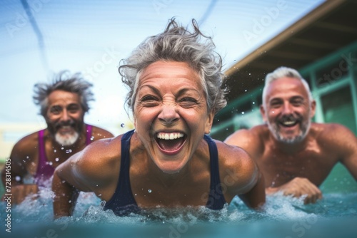 senior people exercising in a swimming pool. generative ai © JIRMoronta