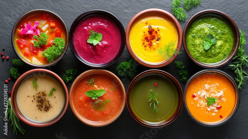 assorted bowls of vegetable soup of different colors, beetroot, pea, pumpkin puree soup
