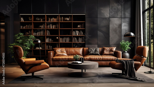 Stylish modern living room with leather sofa and bookshelf design © Robert Kneschke