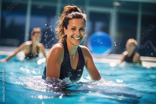 women doing aquagym in a swimming pool. generative ai photo