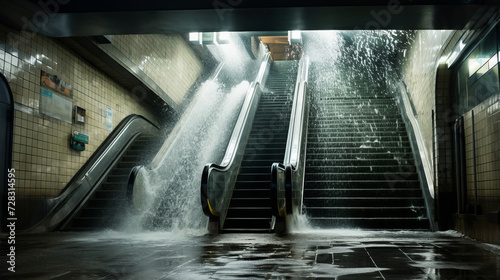 Water floods subway station stairs during emergency at night