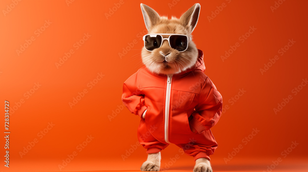 Cool cute easter bunny, rabbit with sunglasses and jogging suit with rabbit ears, isolated on red background