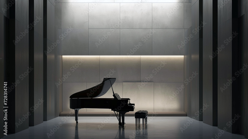 A minimalist music room with a grand piano, acoustic panels, and a simple bench. 