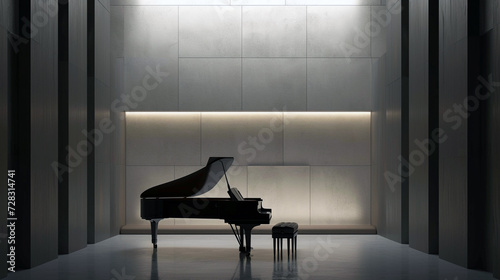 A minimalist music room with a grand piano, acoustic panels, and a simple bench. 