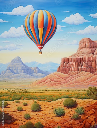 Colorful Hot Air Balloon Art: Ascending through the Arid Desert Landscape
