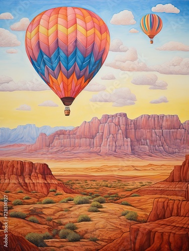 Colorful Desert Landscape Art: Ascending Hot Air Balloons in an Arid Region
