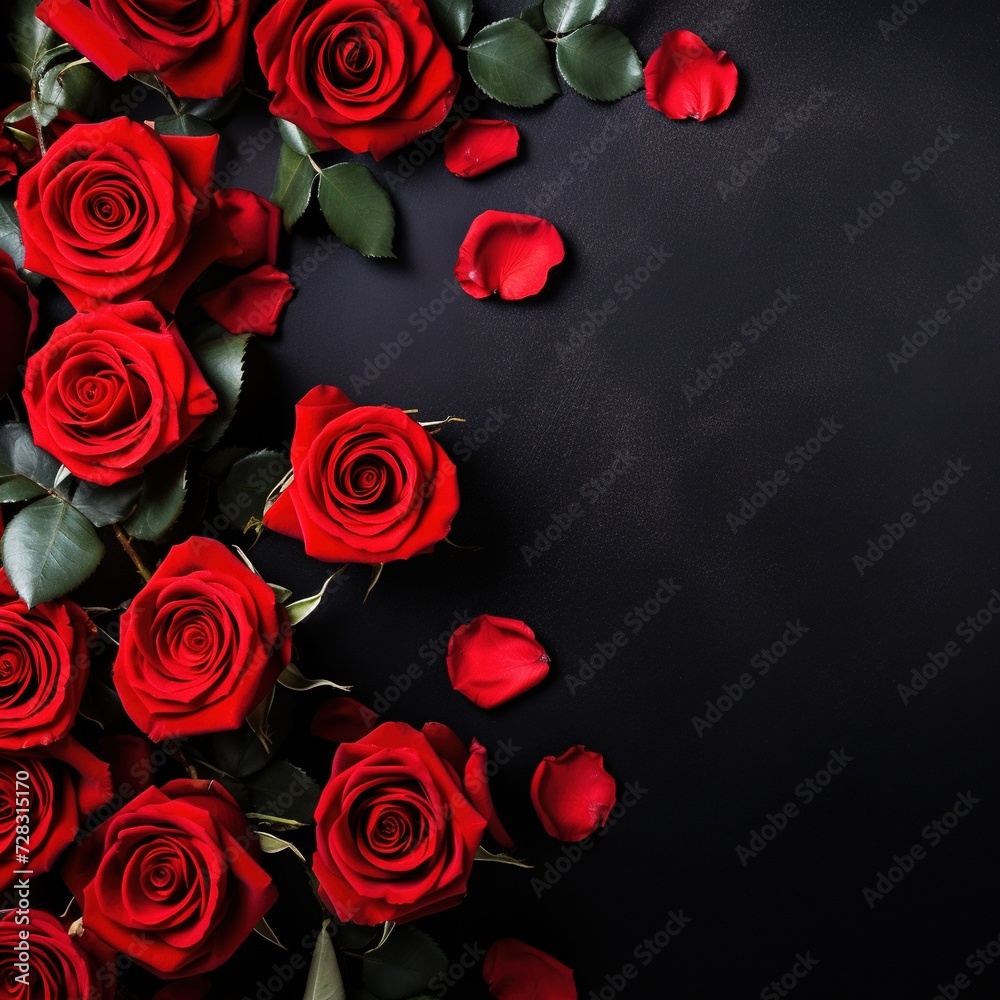 Valentine's Day banner with blank space for text top view black background with red rose Valentine's Day banner with blank space for text top view black background with red rose