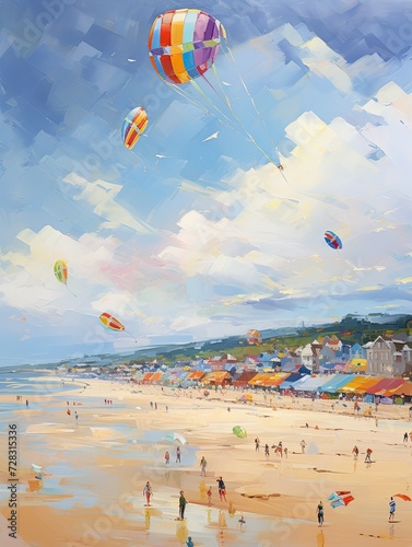 Colorful Kite Festival Scenes: Seaside Painting Depicting Vibrant Beach and Festival Experiences