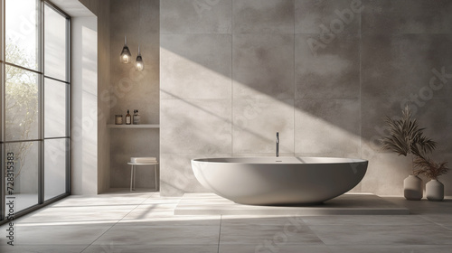 modern contemporary bathroom with gray tiles and grey tub  in the style of white and beige  new contemporary