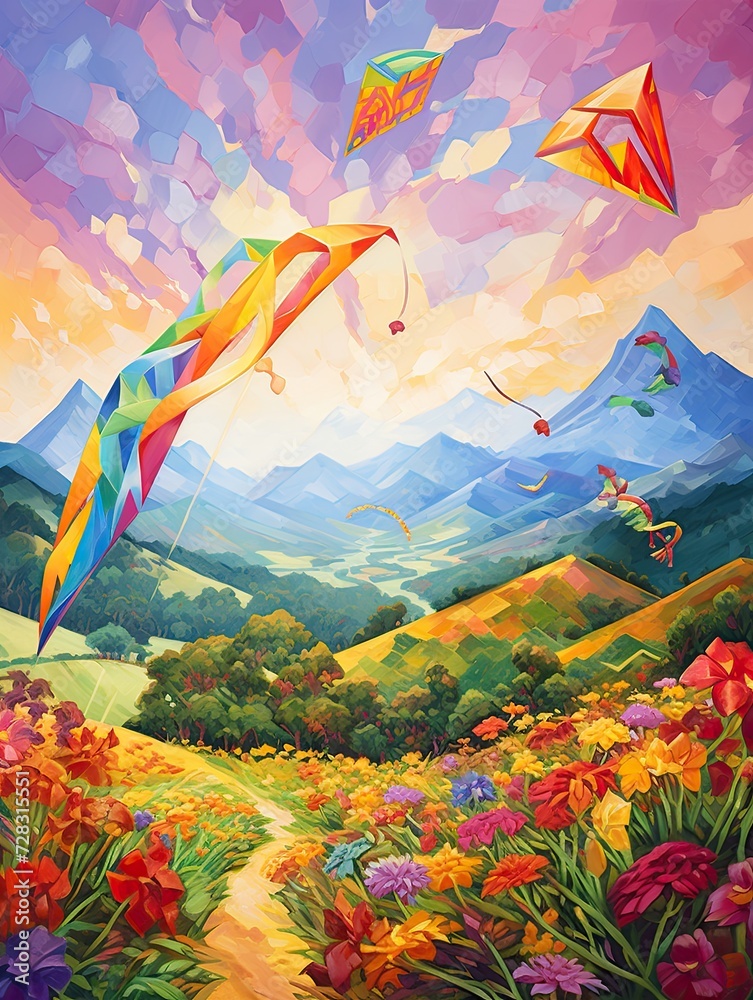 Fototapeta premium Colorful Kite Festival Scenes: National Park Art Print � Captivating Kites in Scenic Parks.