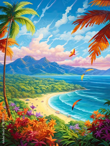 Colorful Kite Festival Scenes: Exotic Island Artwork Perfect for Kite Festivals