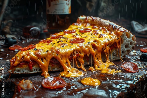 A tempting fast food delight, a slice of pizza oozing with melted cheese served alongside a bottle of cold soda photo