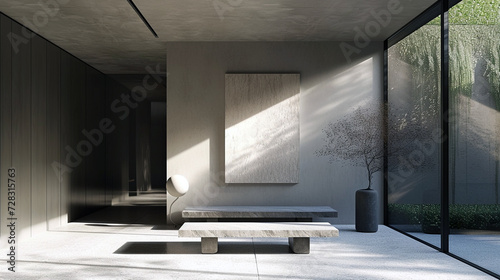A minimalist vestibule with a stone bench, a single piece of abstract art, and a minimalist light fixture. 