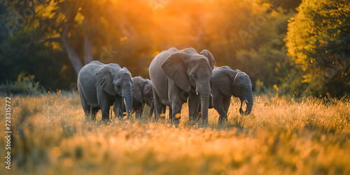 Family elephants in the wildlife on sunset evening environment.