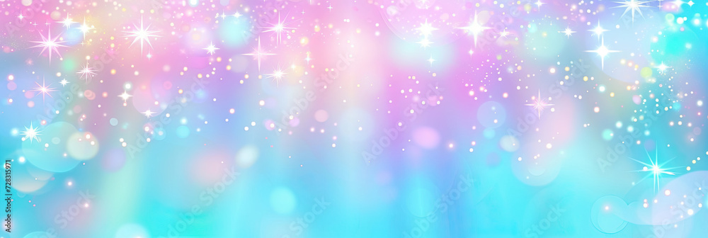 Abstract blurred bokeh light background , blue unicorn background. Pastel watercolor sky with glitter stars and bokeh. Fantasy space galaxy with holographic texture. banner poster template Abstract blurred bokeh light background , blue unicorn background. Pastel watercolor sky with glitter stars and bokeh. Fantasy space galaxy with holographic texture. banner poster template