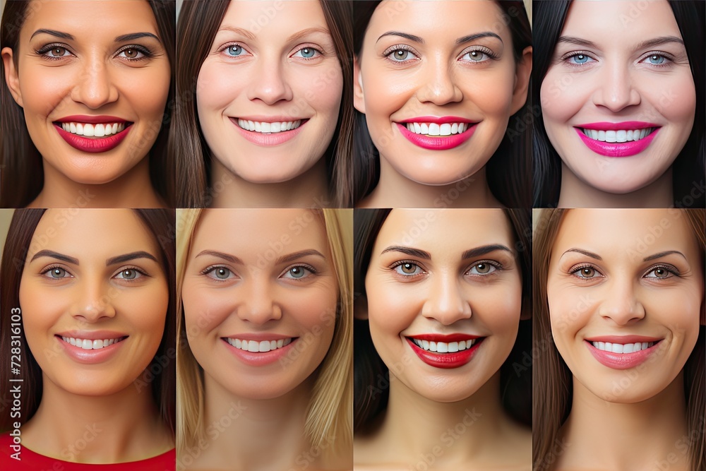 Obraz premium Different beautiful women with even teeth and long hair look at the camera and smile, Generative AI