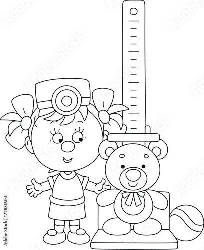Cute little girl playing doctor and measuring a height of her funny toy bear in a playroom of a nursery school, black and white outline vector cartoon illustration for a coloring book