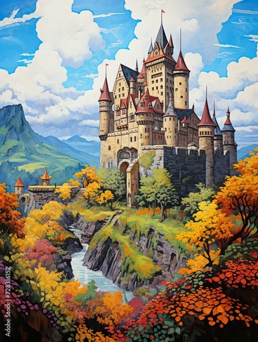 Vibrant Hues of Grand European Castles: Acrylic Landscape Art with Painted Castles