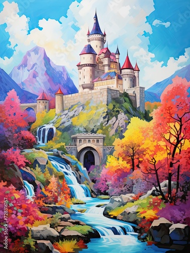 Vibrant Hues in Grand European Castles: Acrylic Landscape Art