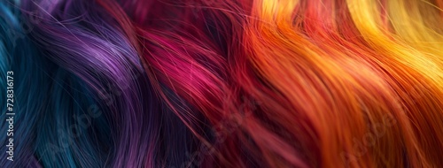 Header with womans bright rainbow hair. Close up view of a wavy shiny curls. Hair colouring