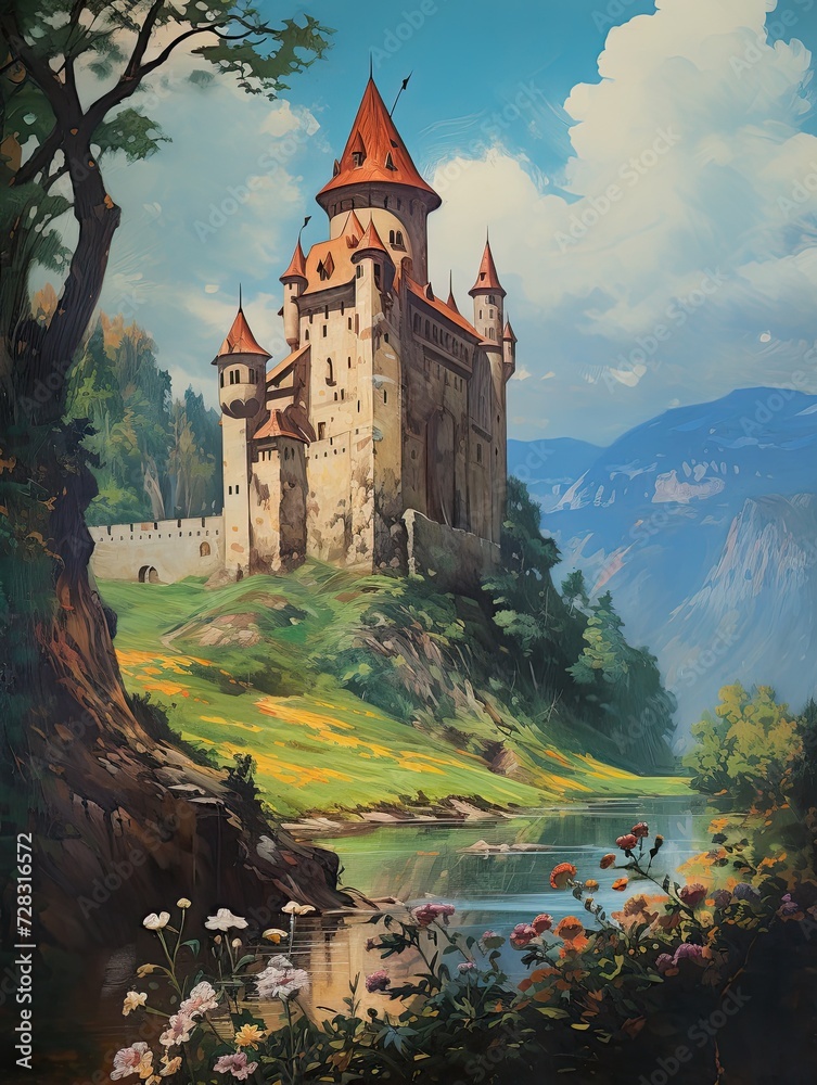 Fototapeta premium Vintage Castle Art: Grand European Castles in Breathtaking Historic Paintings