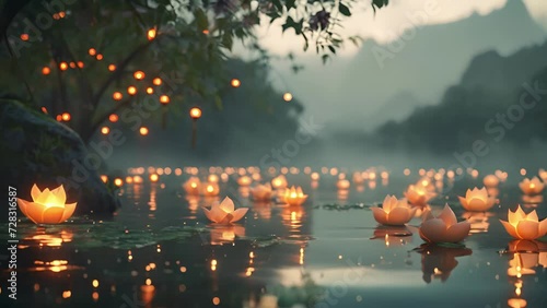 The stillness of the water reflects shimmering lanterns as they gently ascend creating a mesmerizing floating garden. photo