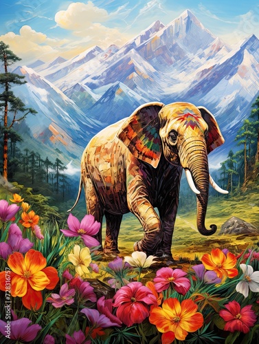 Indian Elephant Parade in Majestic Mountain Landscape: A Vibrant and Cultural Art Exhibition